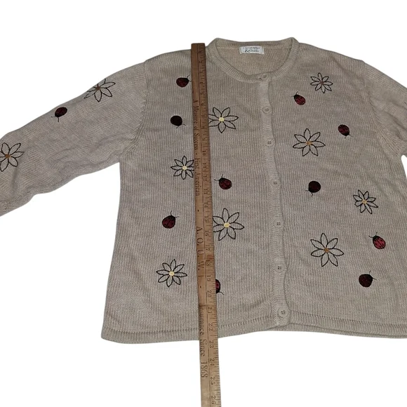 EUC Christopher and Banks Sz. M Oatmeal Color Lady Bugs and Flowers Sweater - Picture 6 of 9